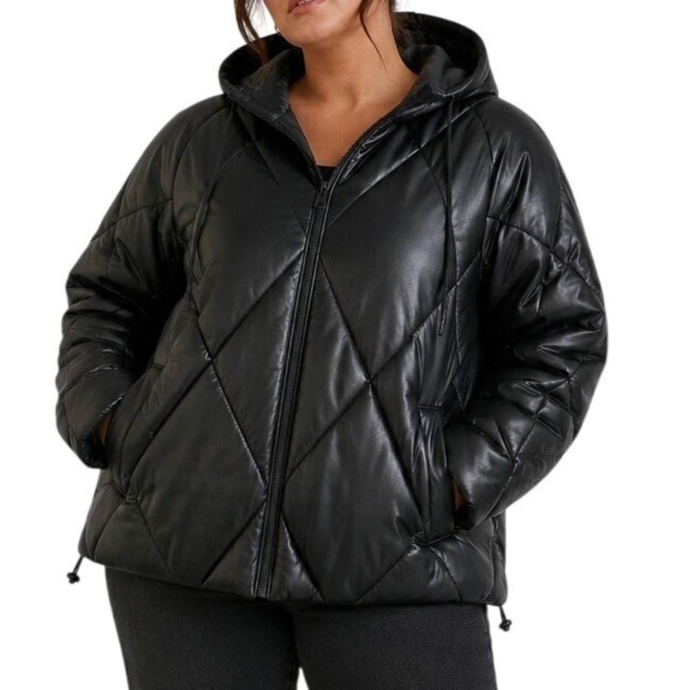 Sebby Collection Black Faux Leather Diamond Quilted Puffer Jacket Women's 1X